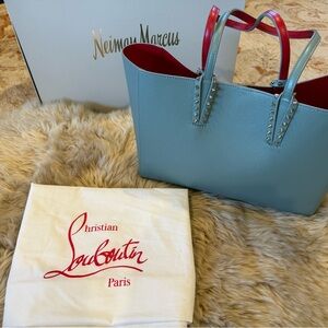 Christian Louboutin Light Blue Leather Tote with Red Interior and Studded Straps